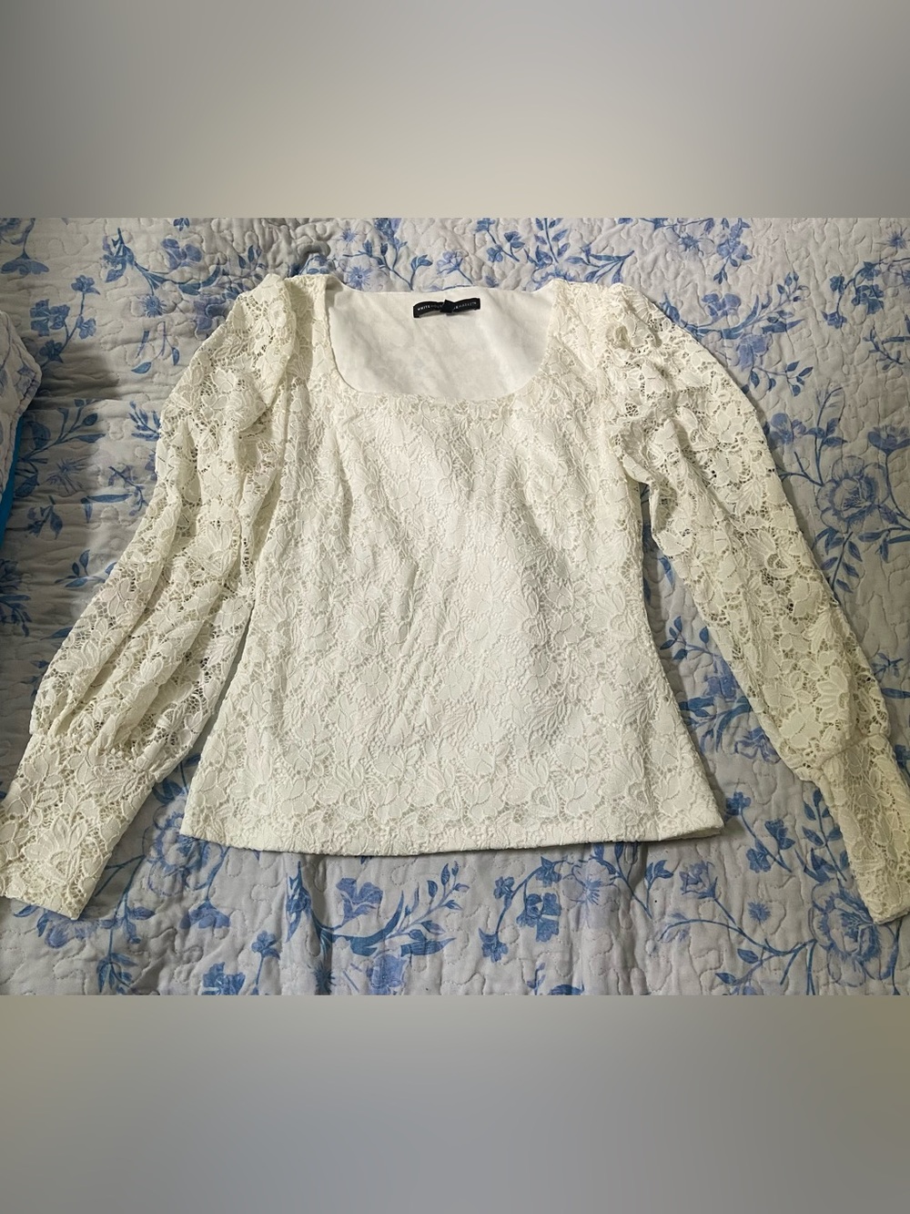 White House Black Market Ivory Floral Lace Square-Neck Blouse